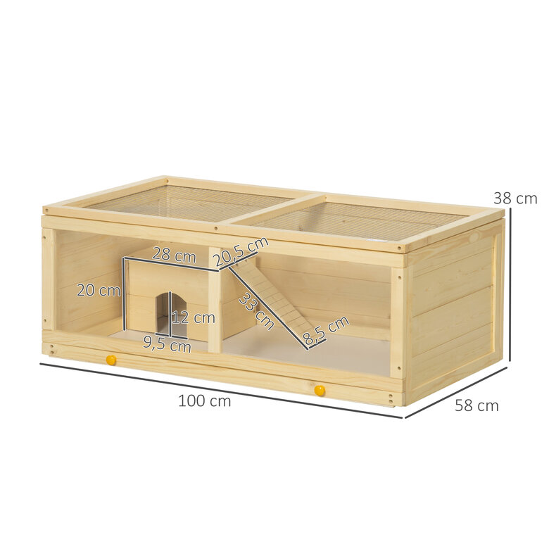 PawHut Jaula para Hámster de Madera 100x58x38 cm Casa para Roedores con Tapa Abatible Panel de Acrílico Bandeja Extraíble y Cabaña para Conejos Chinchillas Natural, , large image number null