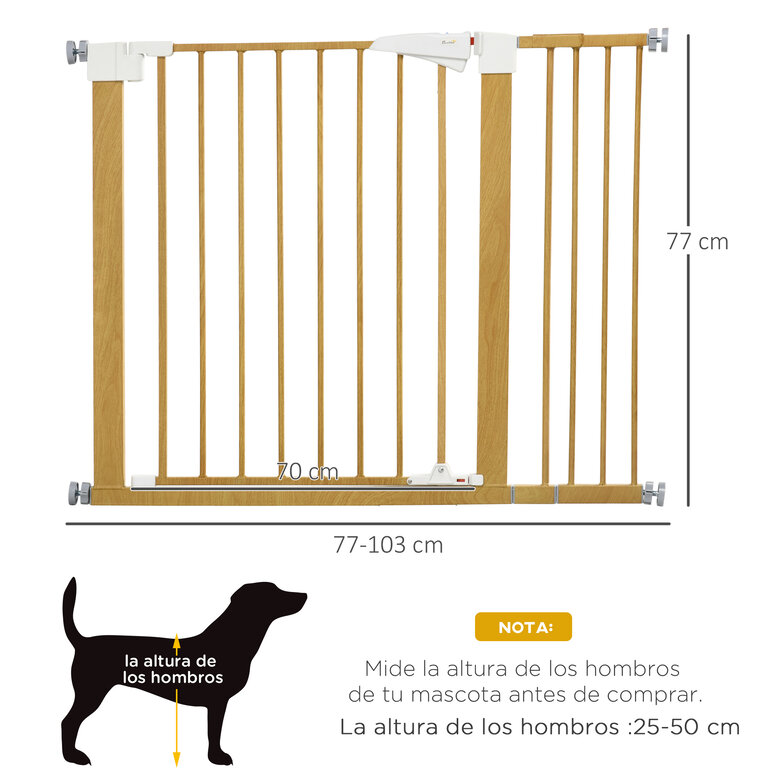 PawHut Barrera de Seguridad para Perros 77-103 cm Vallas para Perros Extensible con 2 Extensiones Mango Luminoso y Cierre Automático para Escaleras y Puertas Natural, , large image number null