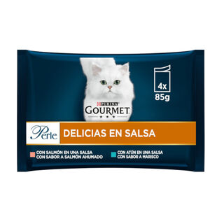 Gourmet Perle Filetes de Salmón y Atún en salsa sobre para gatos