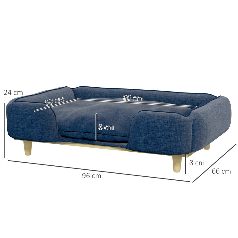 PawHut Sofá para Perros Grandes Cama Elevada para Perros con Patas de Madera y Cojín Lavables Cama para Mascotas Carga 30 kg 96x66x24 cm Azul, , large image number null