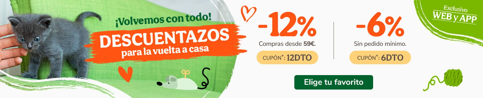 -12% o -6% dto en alimentación, accesorios e higiene. Cupones 12DTO o 6DTO