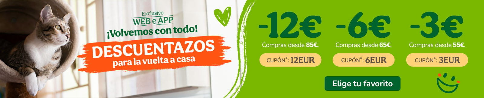 -12€ , -6€ o -3€ dto en alimentación, accesorios e higiene. Cupones 12EUR, 6EUR o 3EUR