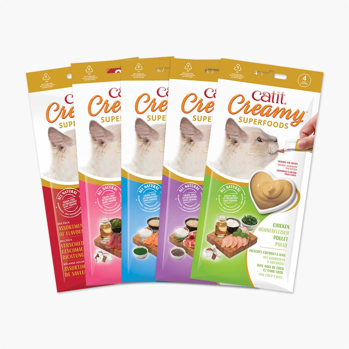 Snack liquido para gato Catit creamy con superalimentos cordero con Quinoa y Chía, 4x10g