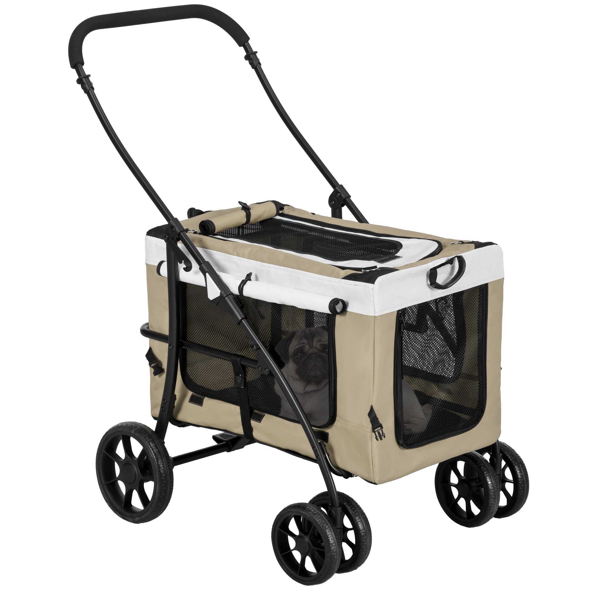 PawHut Carrito para Perros Cochecito para Perros Plegable con Vagón Desmontable 4 Puertas con Cremallera 2 Correas de Seguridad 2 Correa de Transporte