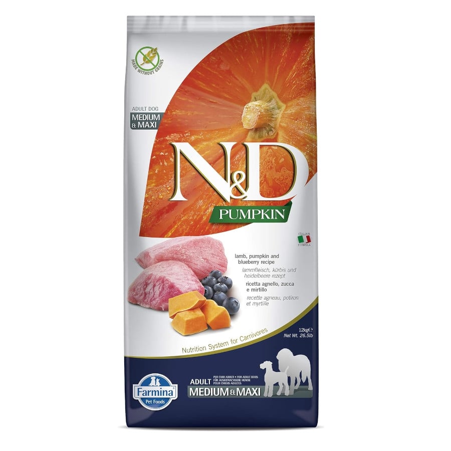 Farmina N&D Adulto Mediano y Maxi, Alimento Seco Sin Granos para Perros Adultos, Cordero Calabaza y Arándano, 12 Kg