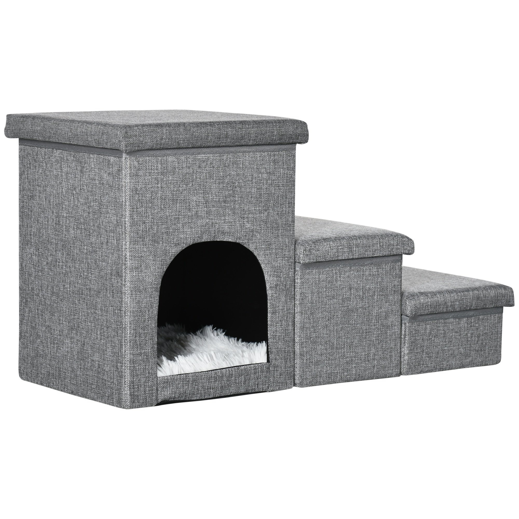 PawHut Escalera para Perros Escalera Rampa para Mascotas de 3 Peldaños con Tapas 3 Cajas de Almacenamiento Cueva y Cojín Lavable para Cama Sofá