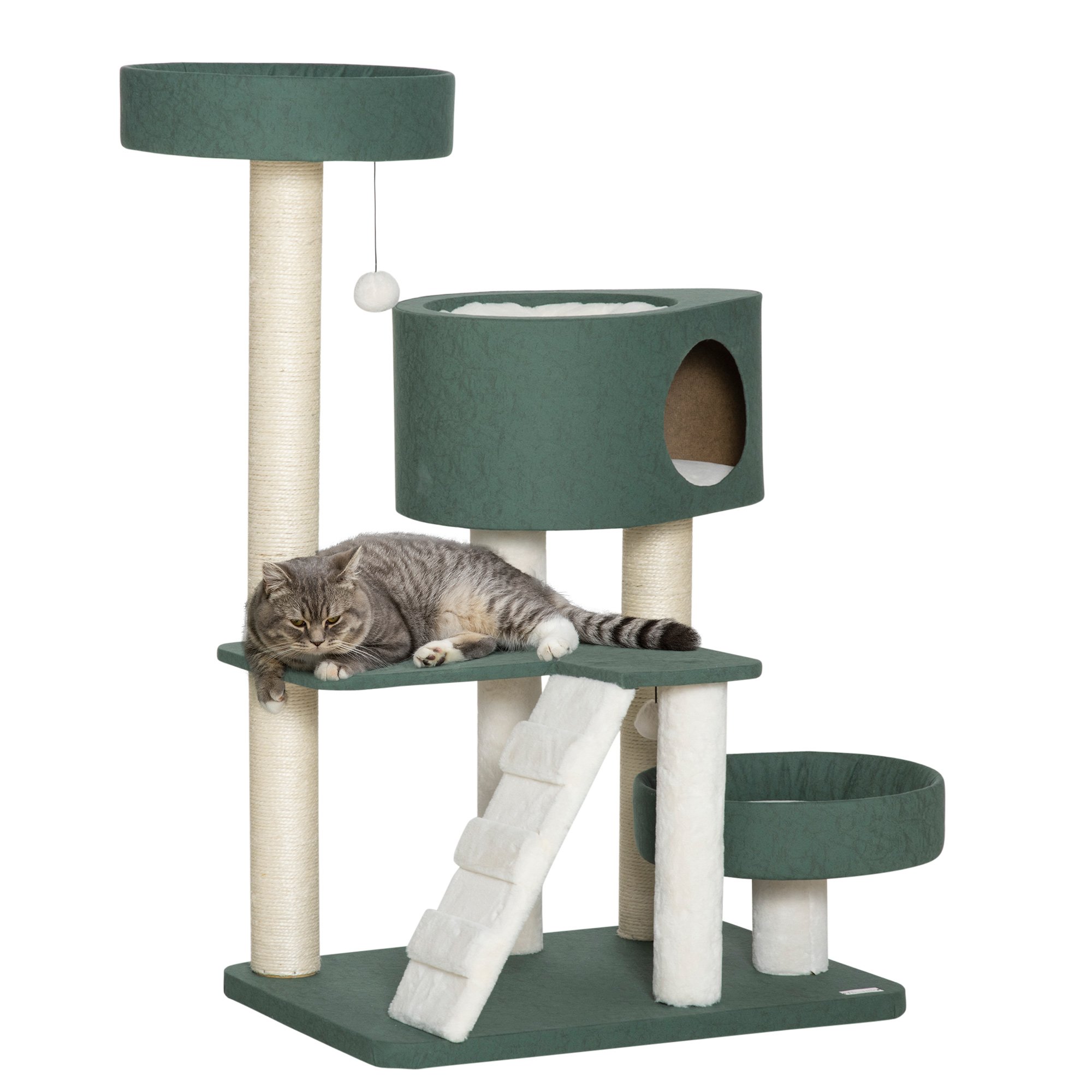 PawHut Árbol Rascador para Gatos Altura 114 cm Torre para Gatos con 2 Camas Cueva Hamaca Plataforma Escalera Bolas Colgantes y Postes de Sisal