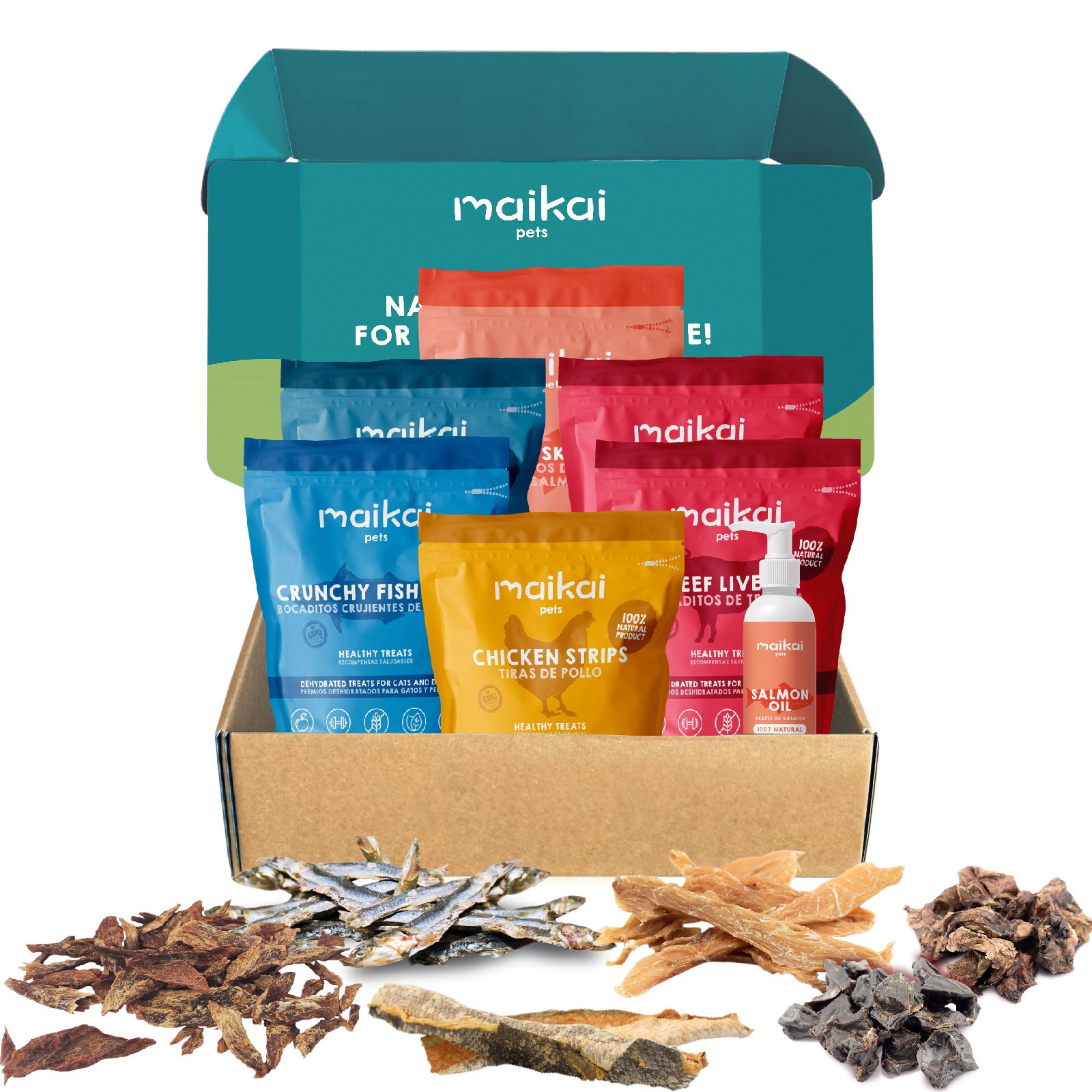 MAIKAI - Pack de Chuches para Gatos o Perros + Aceite de Salmón 250 ml - Snacks 100% Naturales - Dieta Barf - Caja Regalo con Premios Saludables -