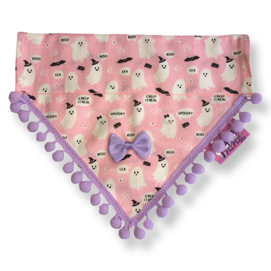 Dulces fantasmas rosados Bandana para perros de Halloween con Pompones