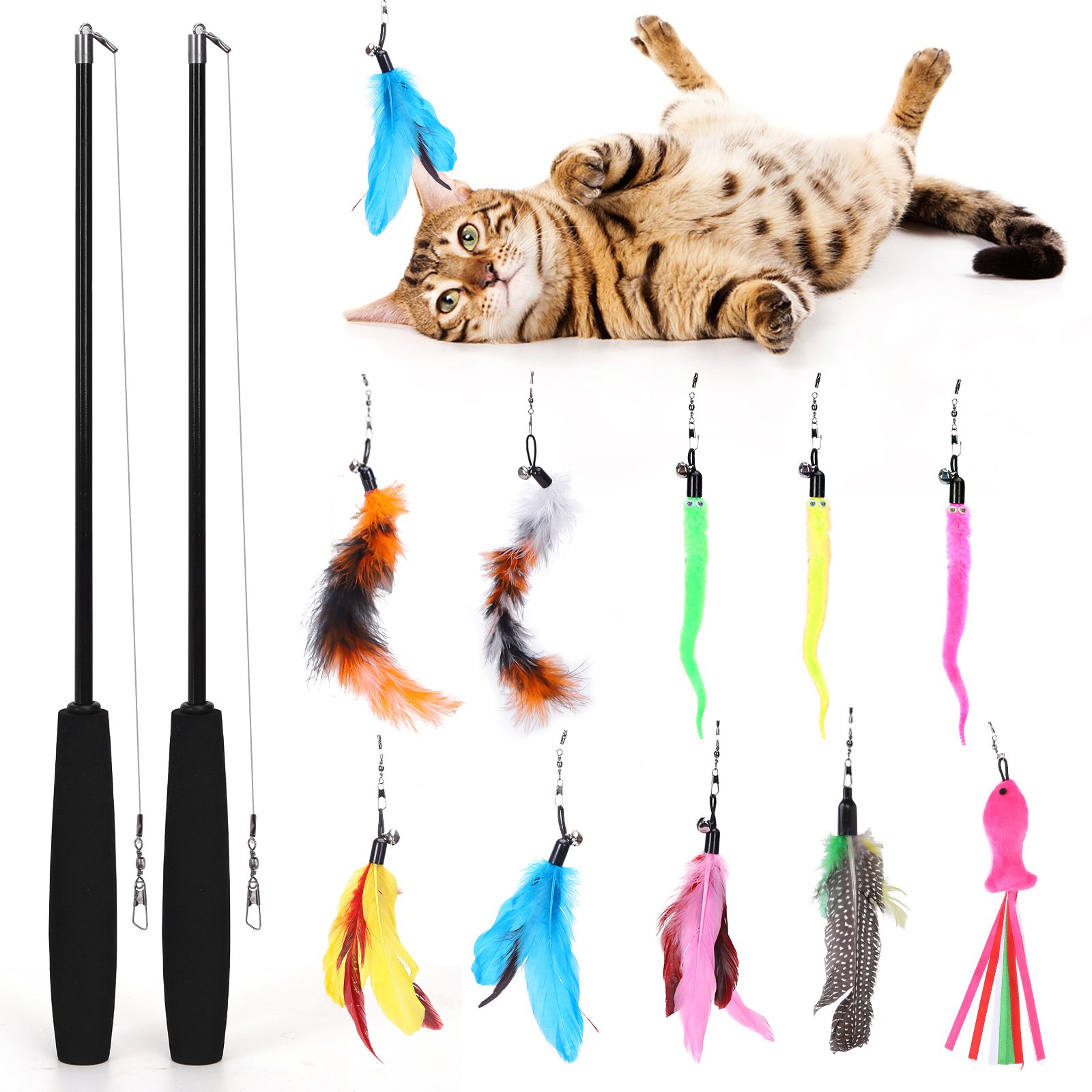 Nobleza - Juguete Pluma de Gato Interactivo 12 Piezas, 2 Varitas Divertidas Retráctiles y 10 Teaser，Juguete Interactivo con Plumas，Juguetes para Gatos