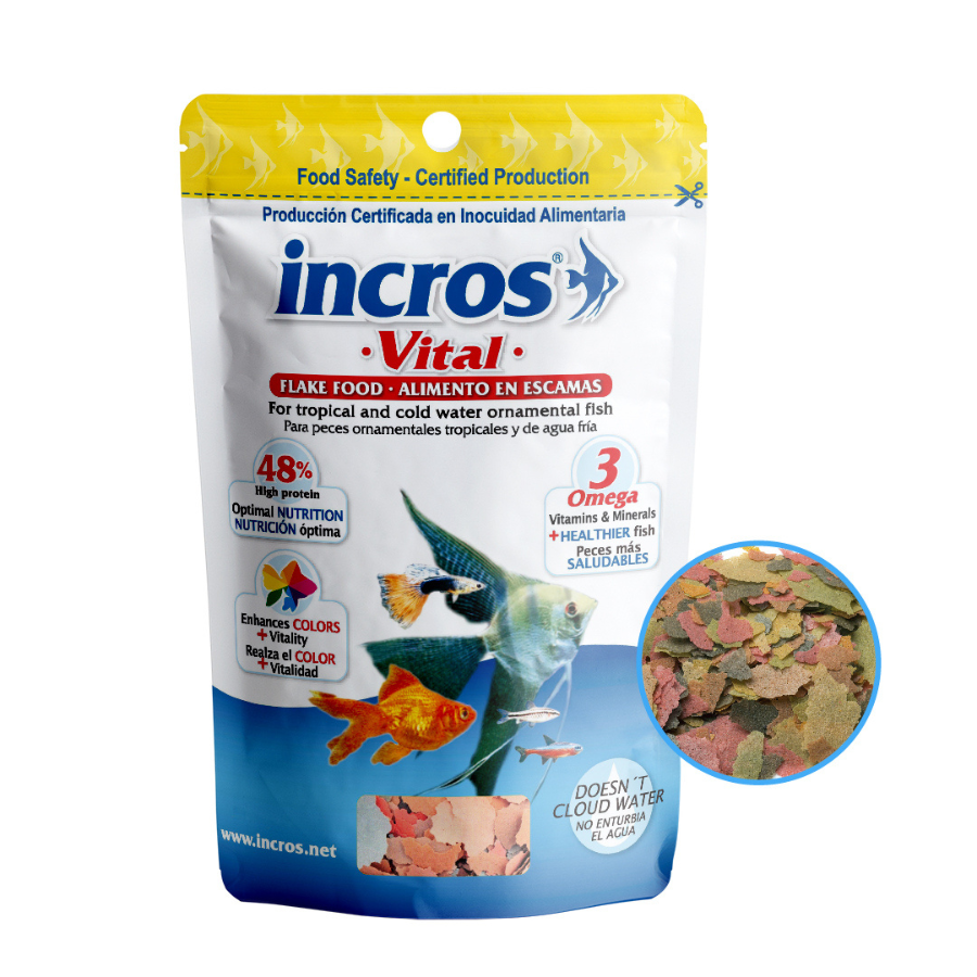 COMIDA EN ESCAMAS PREMIUM PARA PECES TROPICALES INCROS VITAL - REALZA EL COLOR NO ENTURBIA EL AGUA