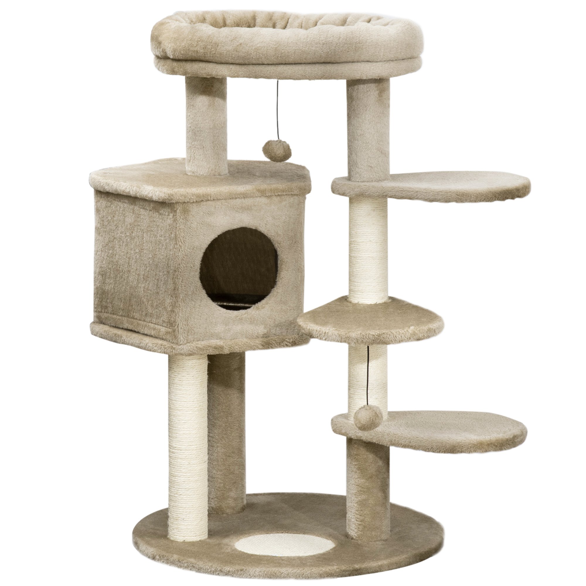 PawHut Árbol Rascador para Gatos Pequeños Altura 94 cm Torre para Gatos con Cama Superior Cueva 3 Escaleras Bolas Colgantes y Postes de Sisal 55x55x94