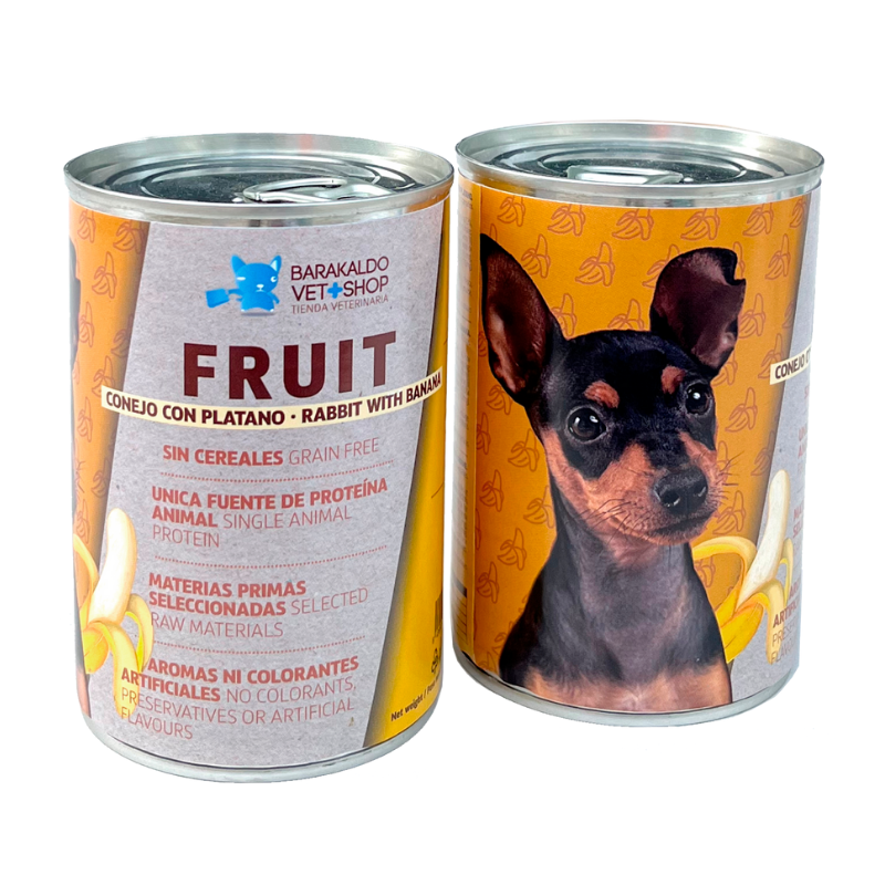 Comida Húmeda para Perros Fruit Grain Free Conejo con Plátano Barakaldo Vet Shop en latas de 400 gr.